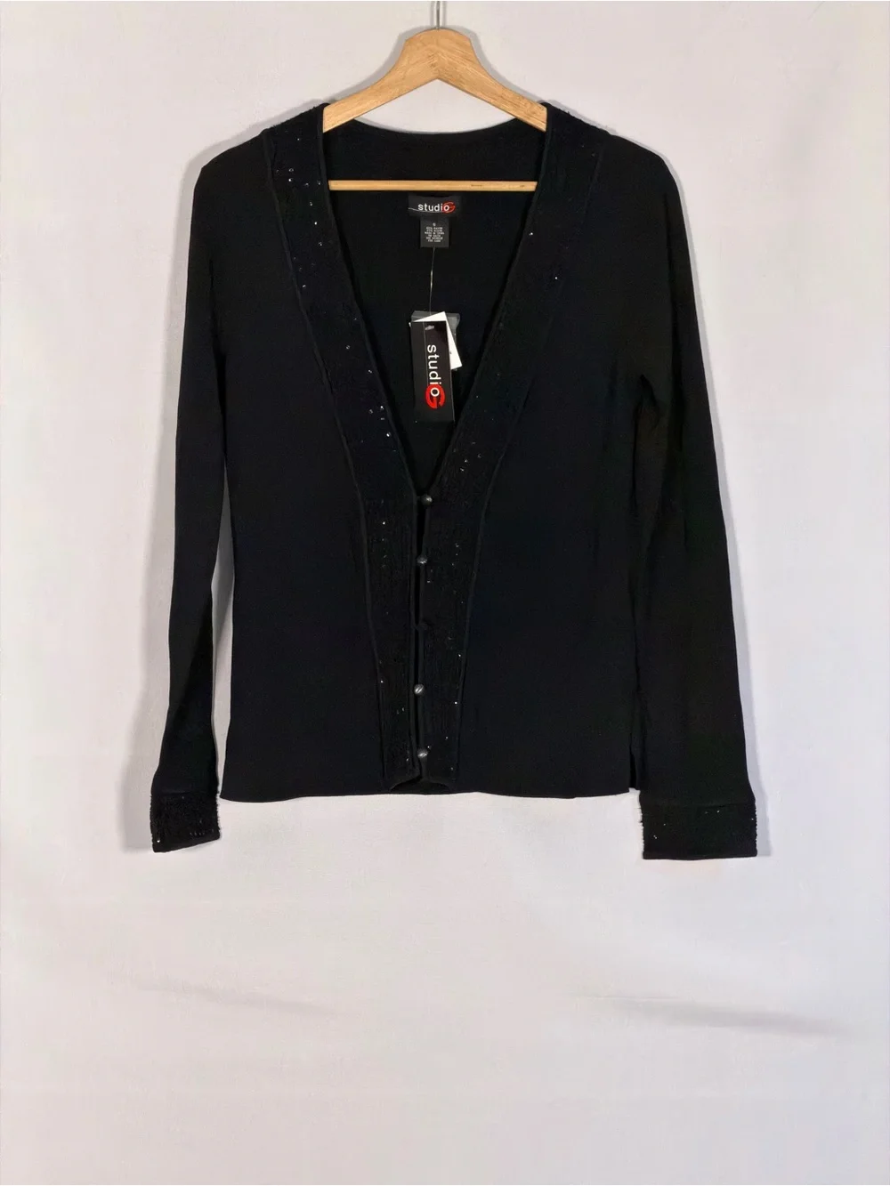 NWT Studio G Women’s Black Beaded Sequin Cardigan Sweater Size S Rayon Blend